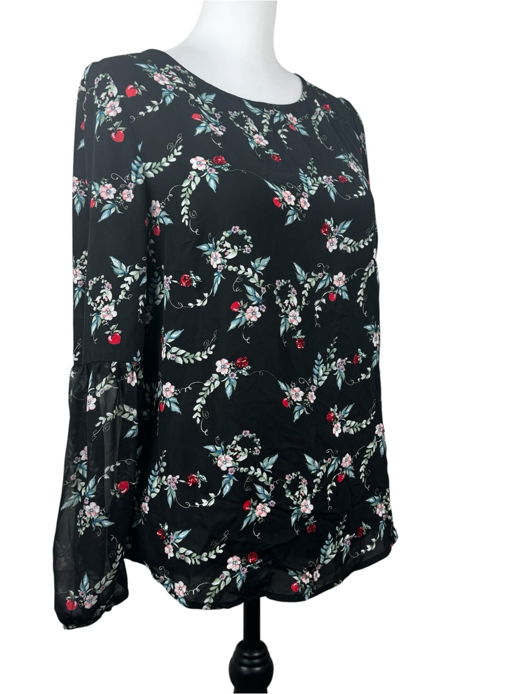Disney X Lauren Conrad Black Snow White Red Apple Sequin Long Sleeve Blouse Top